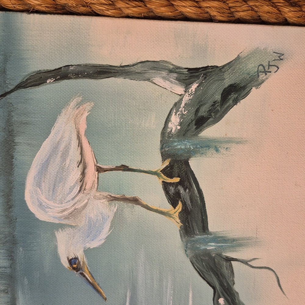 Oil On Canvas White Egret Painting with Rope Frame 10" x 13" - Signed PJW - Picture 2 of 5